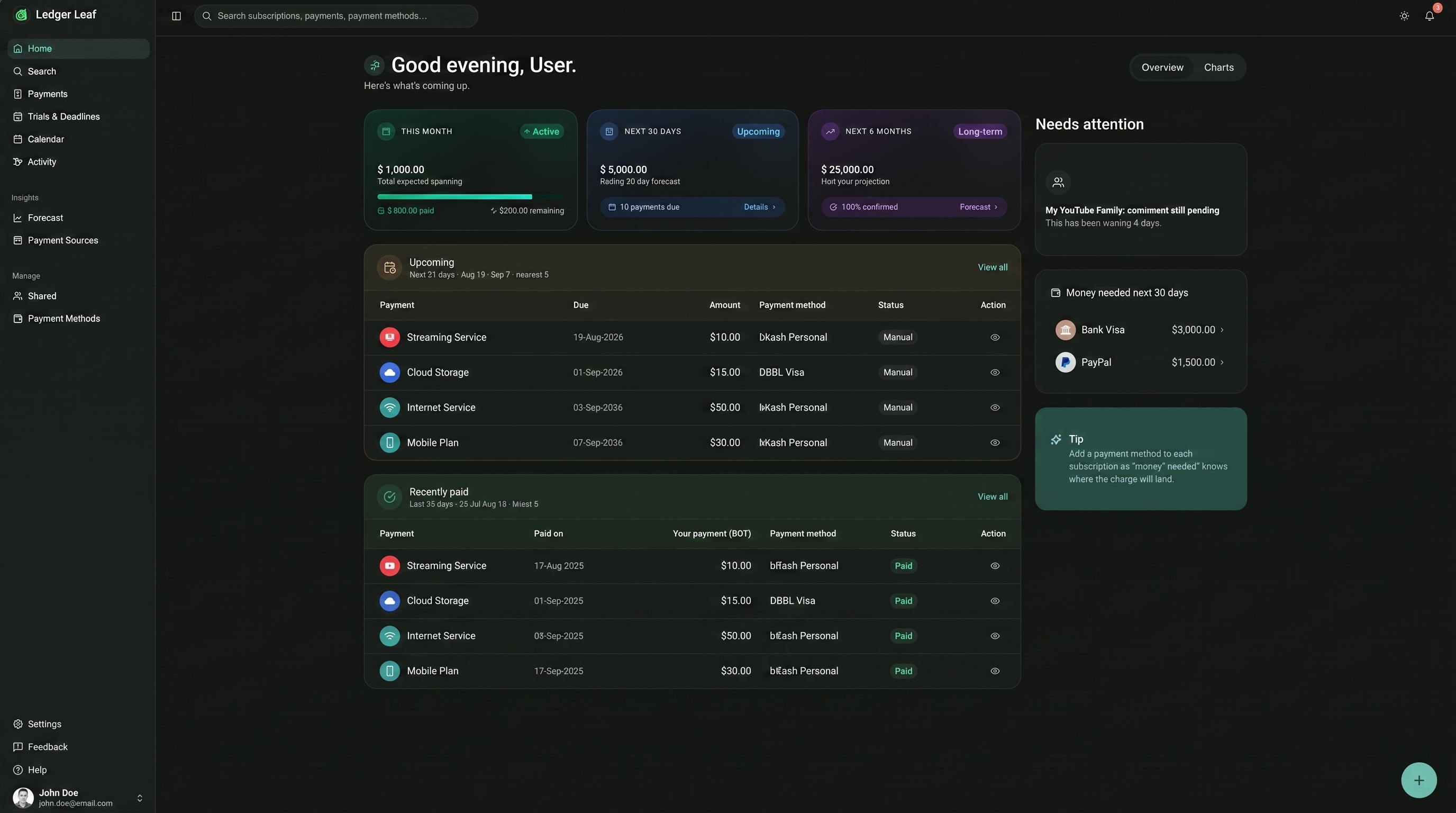 Ledger Leaf Web App • Subscriptions & Recurring Cash Flow